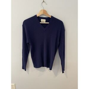 Vintage 70s Sears Sweater Women's Large Navy‎ Blue Ribbed Acrylic V-Neck Korea